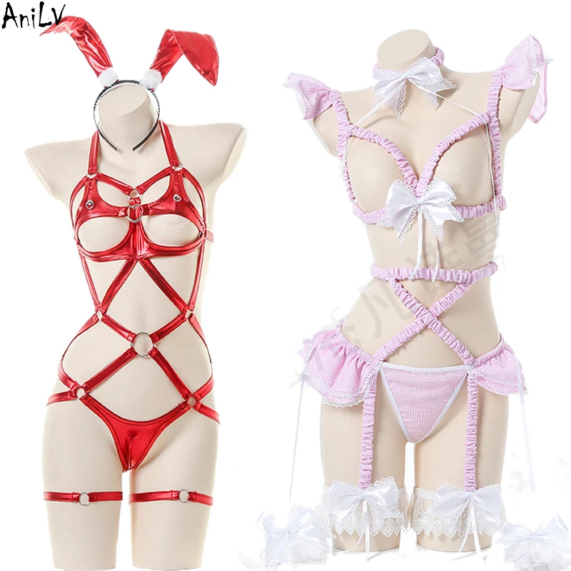 AniLV Аниме Лолита Девочка Розовая клетчатая на бретельках бандажная Пижама Нижнее
