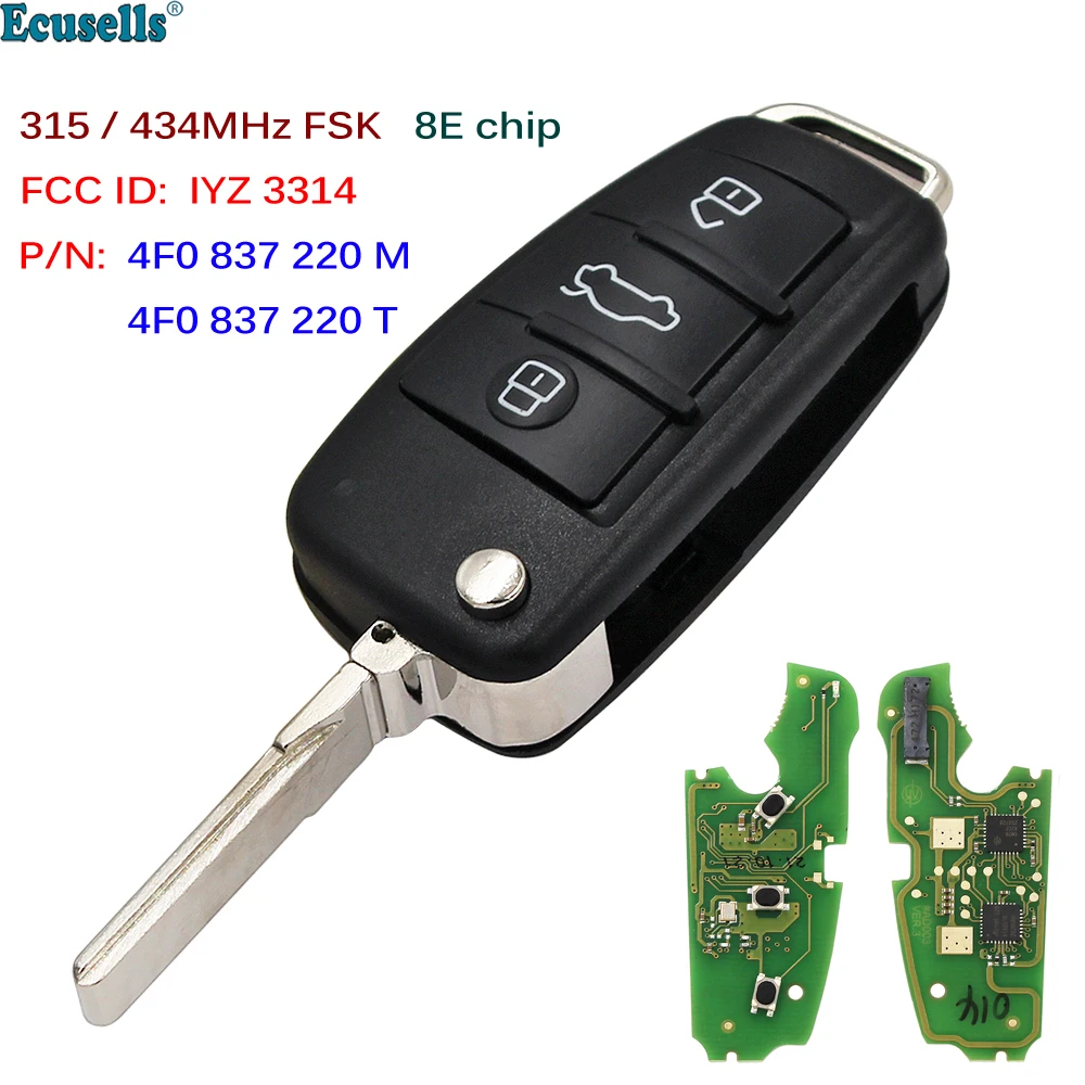 3B Flip Remote Car Key Fob Control FSK 315/434MHz 8E Chip for Audi A6 S6 Q7 2004-2015 IYZ 3314 4F0837220M 4F0837220T