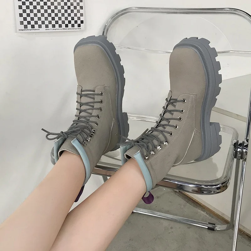 Lucyever Women Vintage Square Toe Platform Ankle Boots Thick Sole Autumn Winter Shoes Woman Gray PU Leather Military Botas Mujer | Обувь