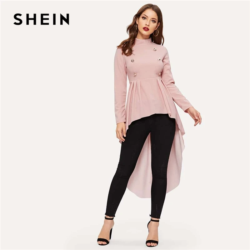 SHEIN Стильный Топ С Асимметричным Низом Черная Модная Блузка Со Стоячим Воротником И Длинными Рукавами
