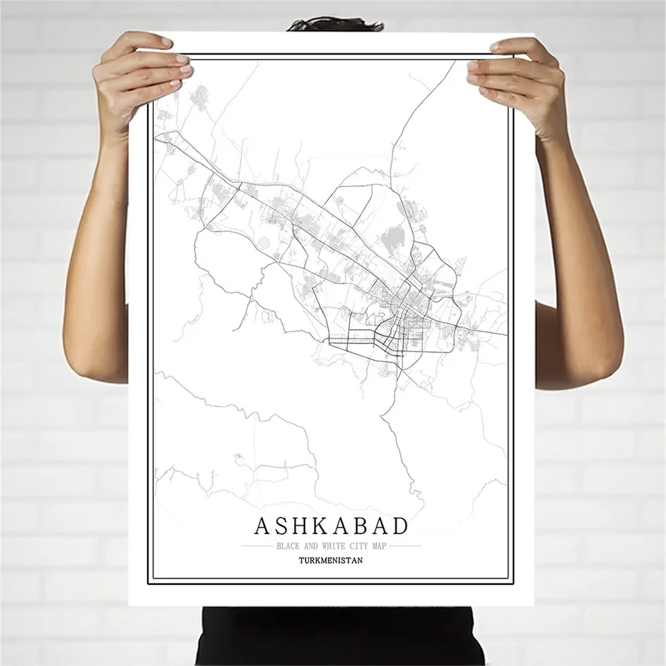 Черно-белая карта Туркестана Постер в скандинавском стиле для гостиной Ashkabad