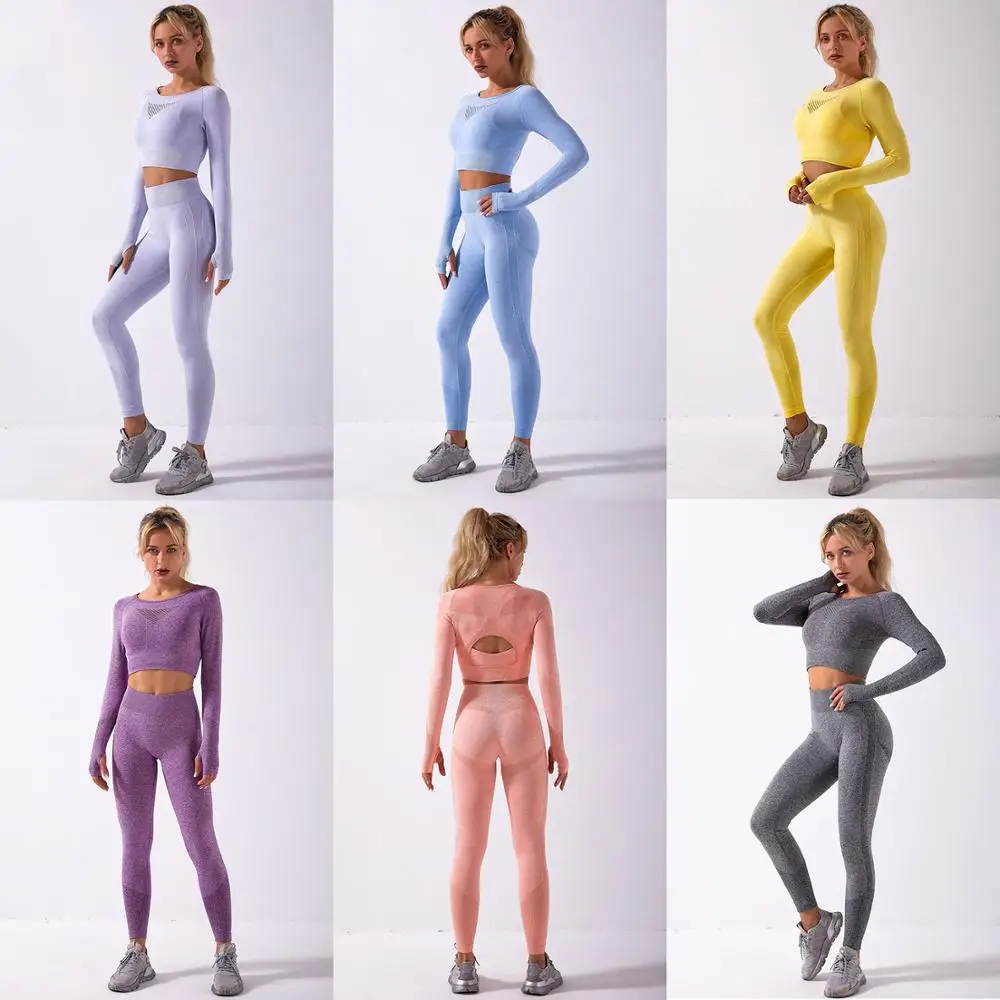 

Women Yoga Set High Waist Seamless Long Sleeve Top +Pant 2 Piece Set Sportwear Workout Fitness Gym Clothes 7 Colors