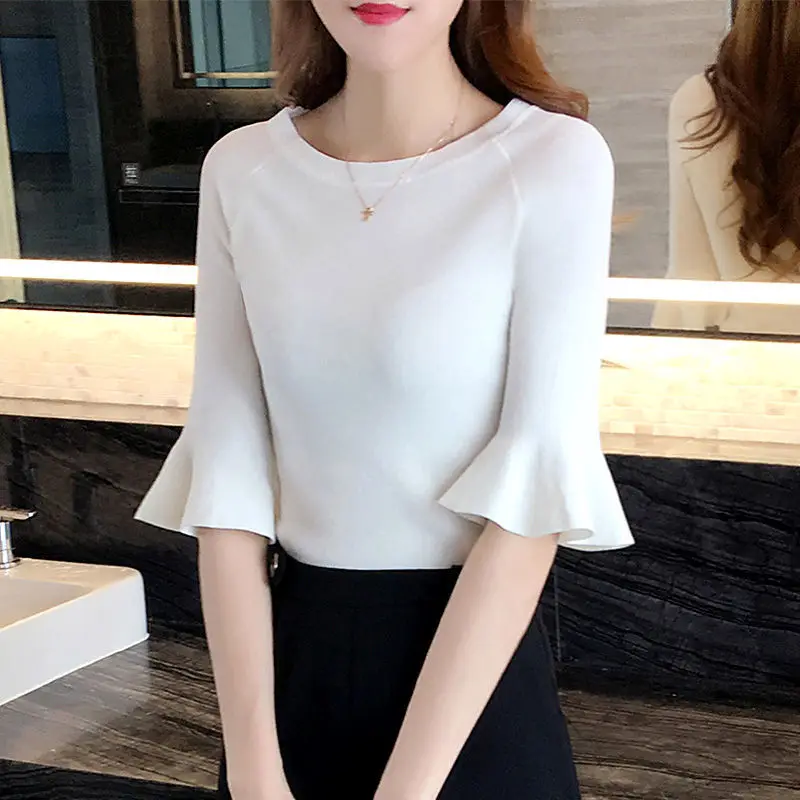 

New spring flared sleeve half sleeve ice silk T-shirt white T-shirt