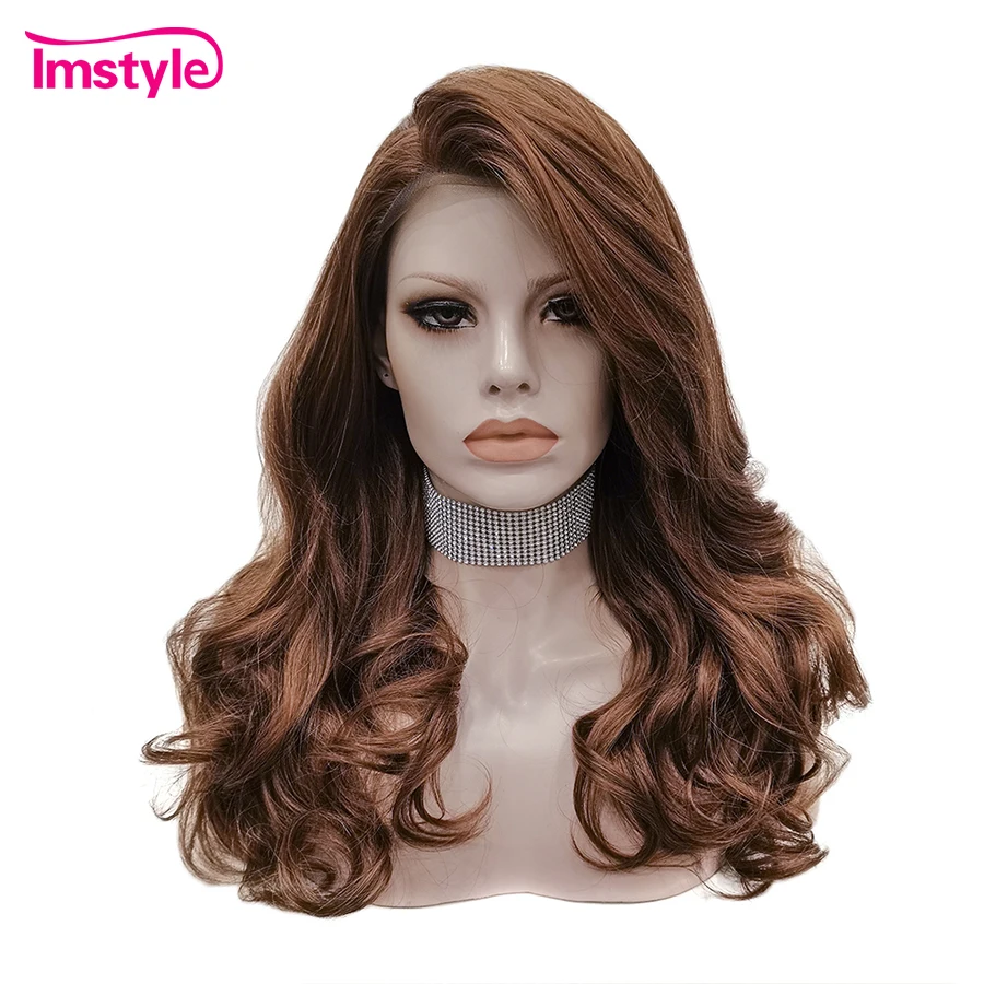 

Imstyle коричневый парик на сетке, волнистый синтетический парик на сетке спереди, смешанные цвета, Термостойкое волокно, без клея, стандартное для женщин