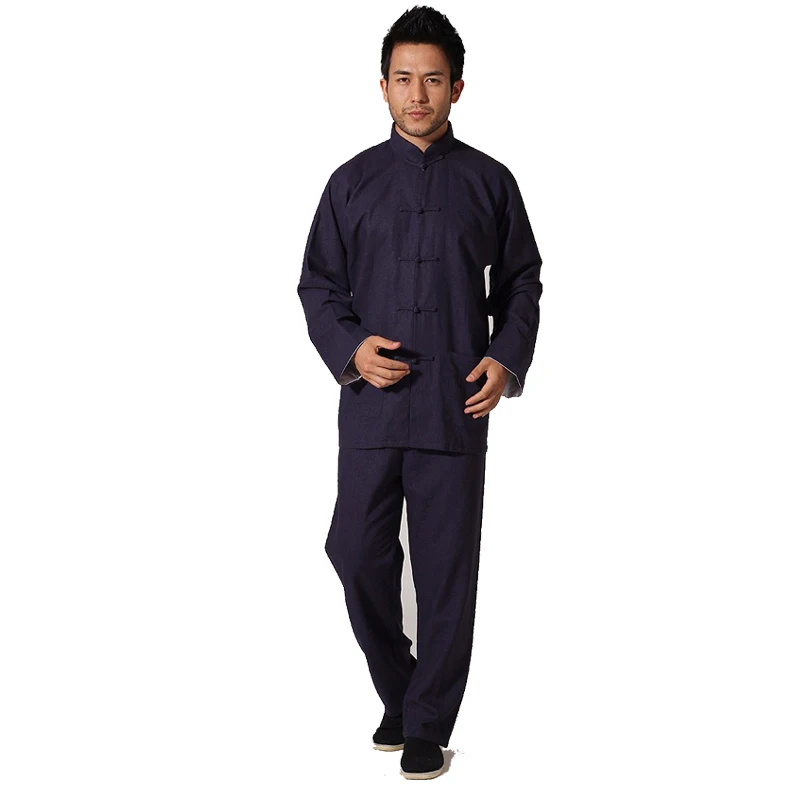 Chinese Men's Solid Jacket&Trousers Kung Fu Suit High Quality Cotton Linen Wu Shu Tai Chi navy blue Sets vestido chino