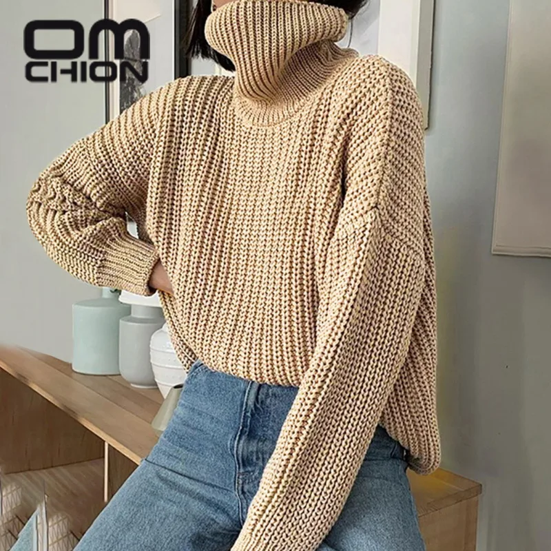 

OMCHION Pull Femme 2021 Autumn New Fashion Turtleneck Long Sleeve Oversized Sweater Women Casual Loose Solid Pullover Knitwear