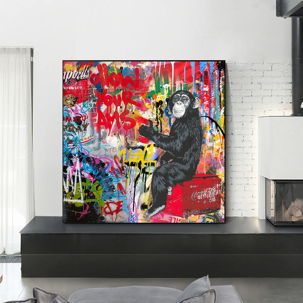 

Banksy Graffiti Monkey Canvas Painting Pop Animal Posters and Print Wall Art Picture for Living Room Bedroom Home Decor No Frame