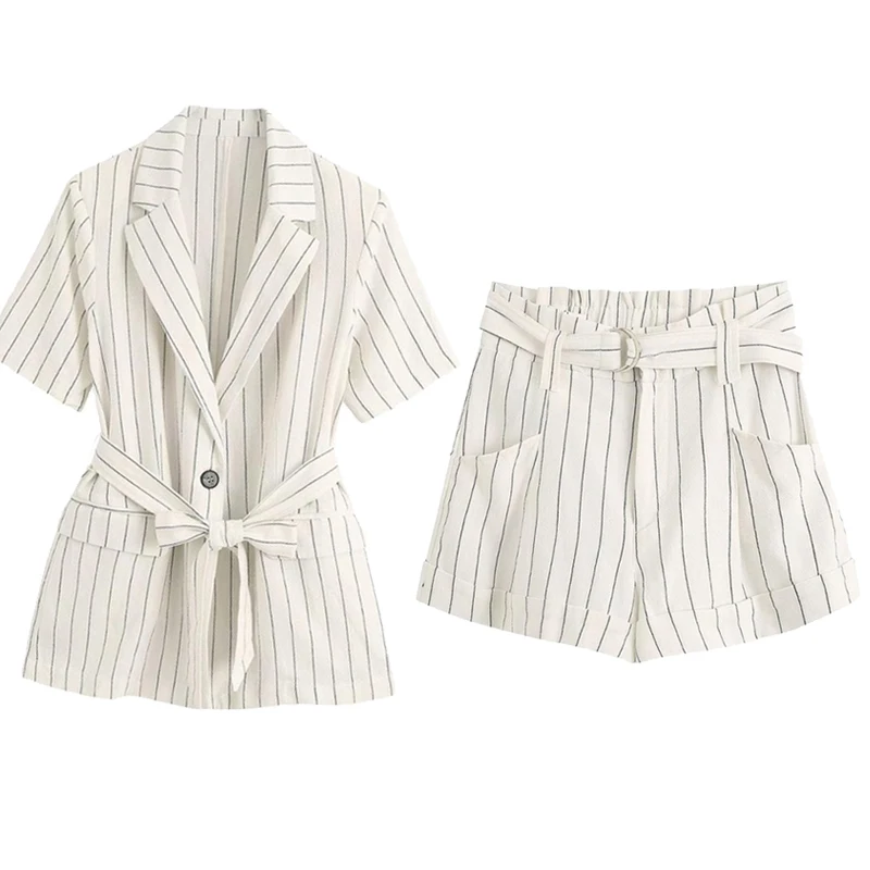Женский костюм из 2 предметов белая рубашка в полоску с коротким рукавом и шорты