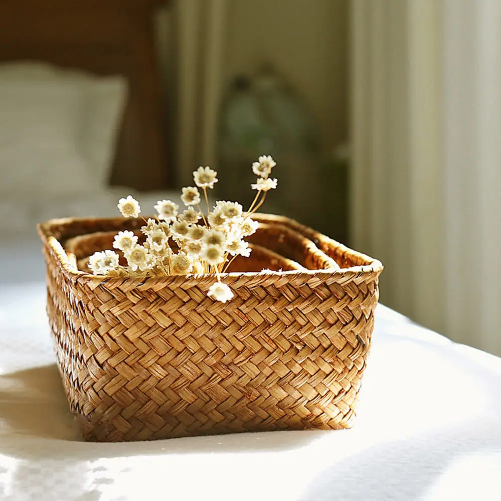 

3pcs Tea Storage Basket Woven Clutter Container Sundries Storage Basket Khaki