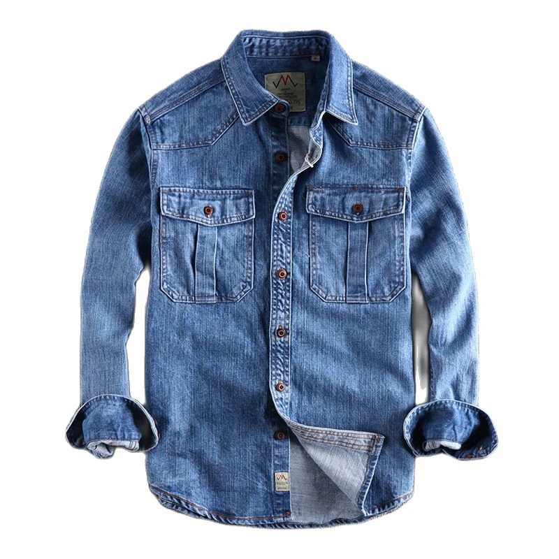 

2021 Fall Winter Japanese Harajuku Denim Shirts for Men Vintage Men's Streetwear Long Sleeve Button Up Cotton Blue Jeans Shirt