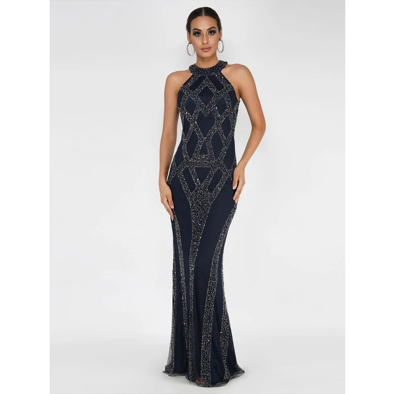 

Mermaid Dew Shoulder Halter Formal Dress Women Elegant Floor Length Pearls Crystal Sleeveless Zipper-up Trumpet Evening Gown