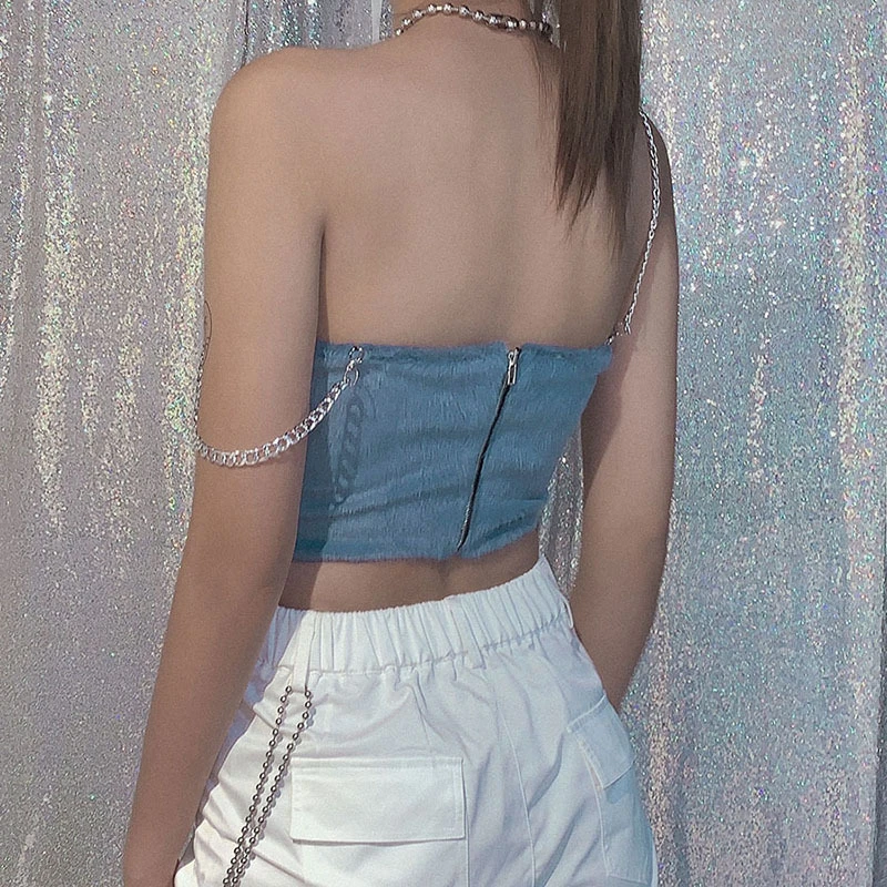cute hairy camisole women crop tops Metal chain sling design tank 2020 summer hot casual party streetwear vest mujer | Женская одежда