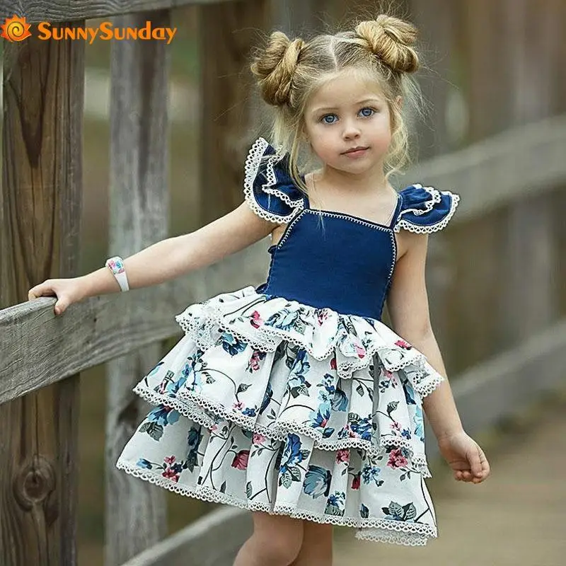 

Ins Top 1-6 Years Old Summer Children'S Print Floral Layered Dress For Baby Girls Patchwork Flying Sleeve Lace Cake Dresses