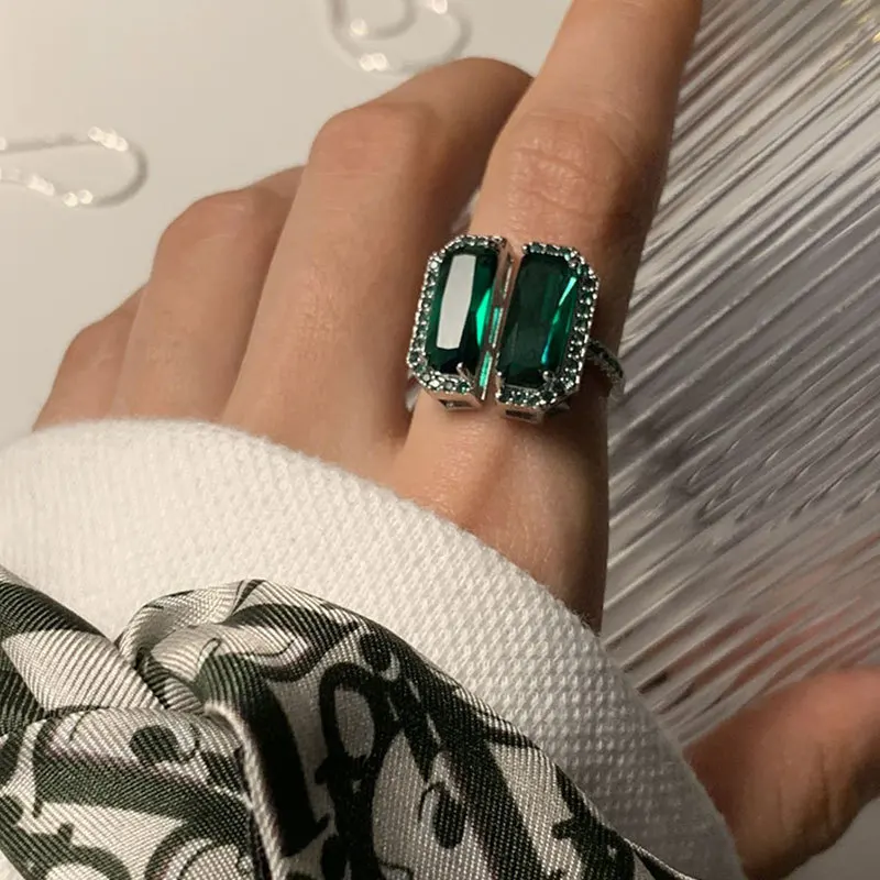 

Fashion Women Rings Crystal Opening Ring Vintage Personality Luxury Adjustable Party Accessories Green Women's Jewelry