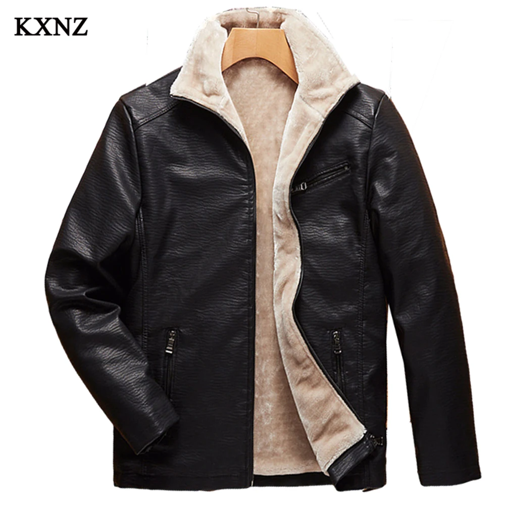 

Мужская куртка из искусственной кожи KXNZ60, теплая плотная модная повседневная мотоциклетная куртка, зимняя мужская парка с воротником-стойк...