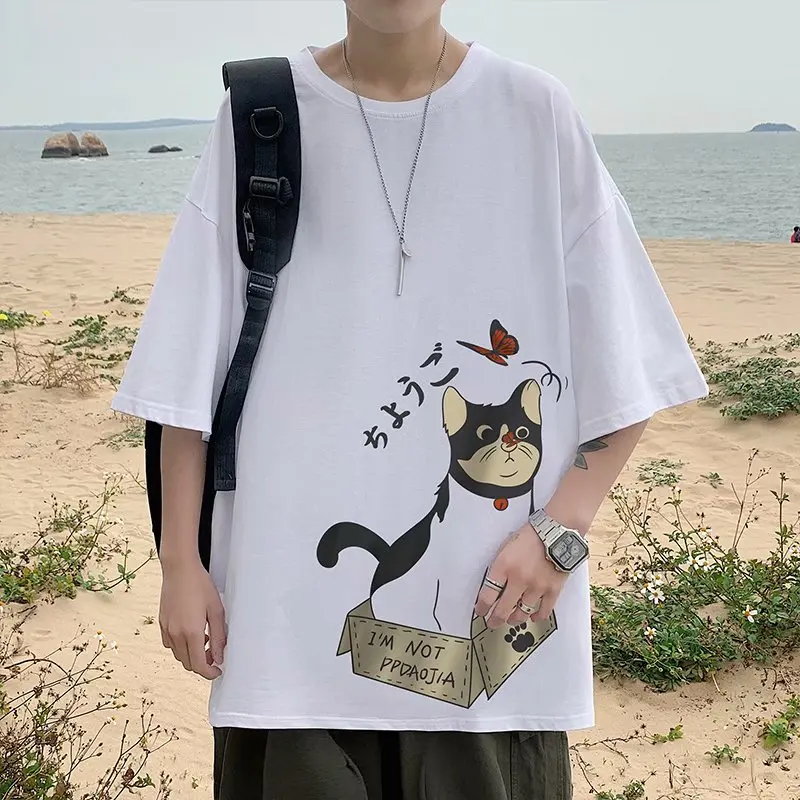 

Summer Men'S Loose Oversized T-Shirt Harajuku Graffiti Cat Print White Plain Cotton Short-Sleeved Streetwear 2021 T-Shirt M-5XL