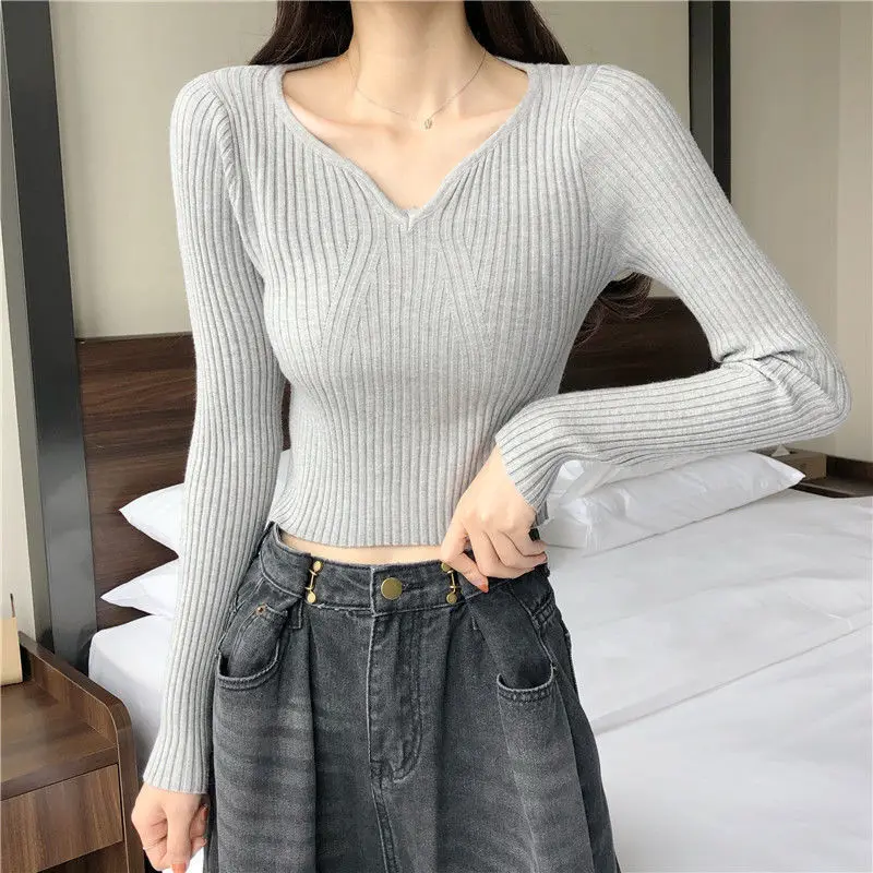 

ZCSMLL V-neck Knitted Tops Women Korean Style Gentle Wind Slim Long-sleeved Thin Knit Sweater Spring and Summer 2021 New Style