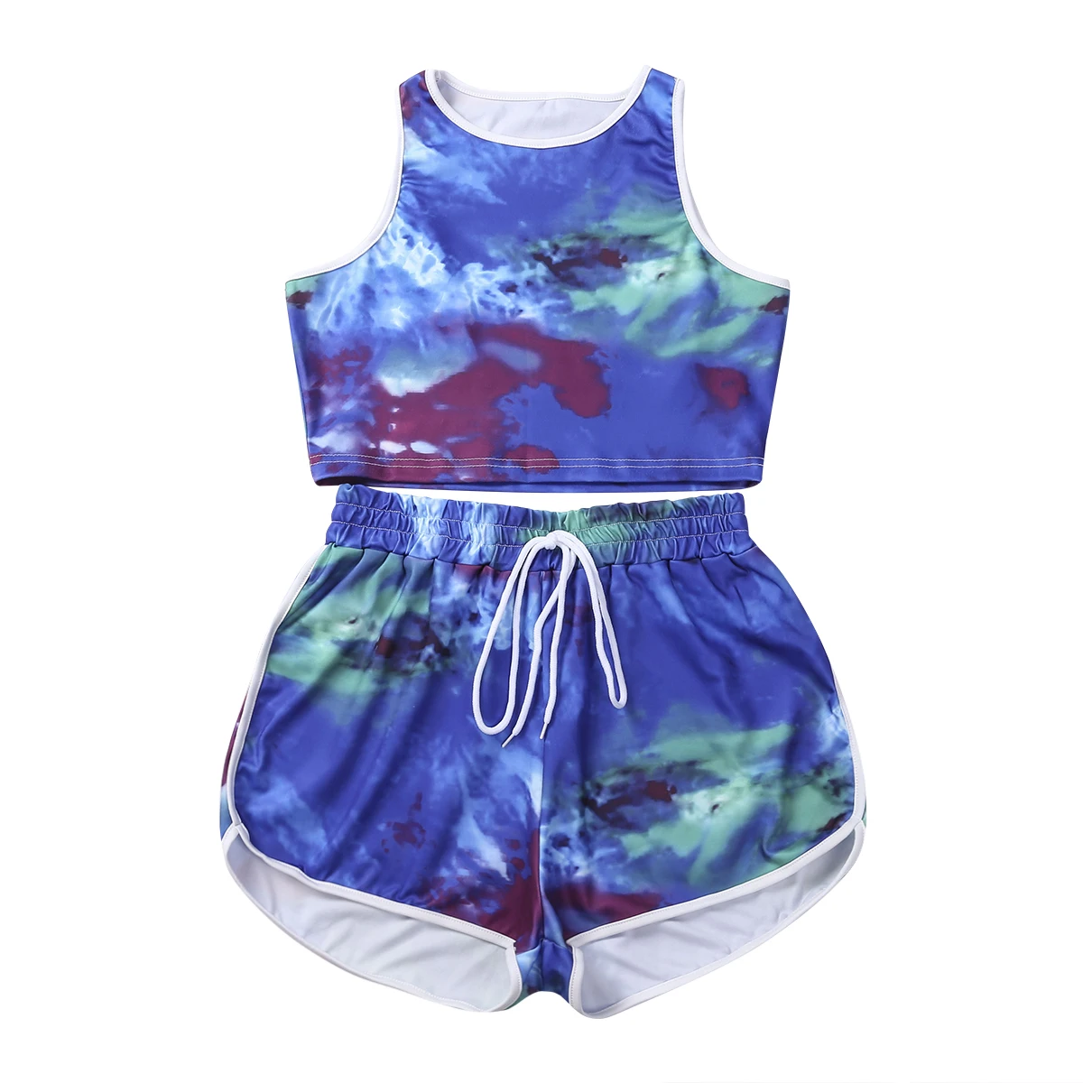 

Women\u00b4s Sports Two Piece Suit Fashion Tie-dye Round Neck Vest Top and High Waist Drawstring Shorts