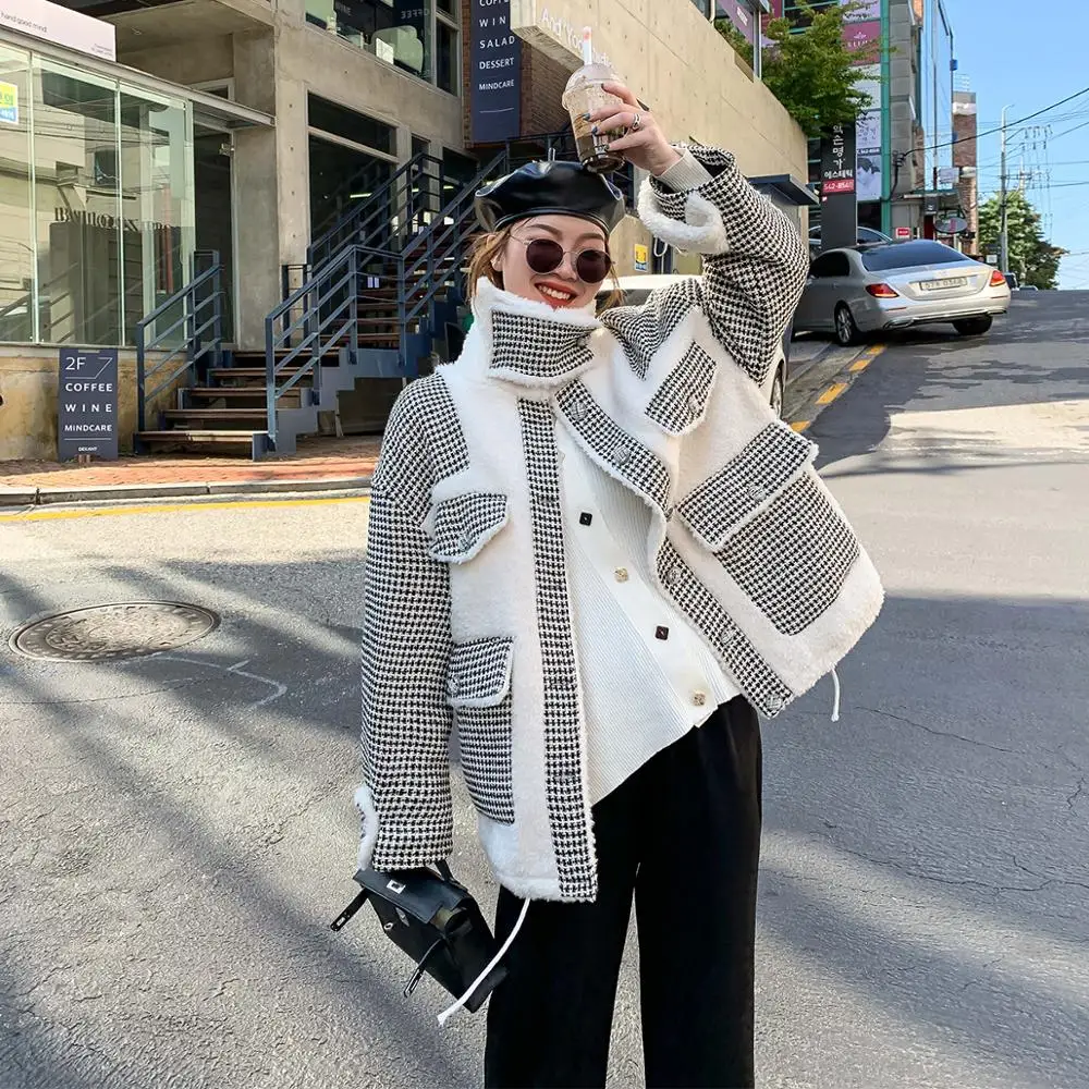 Jinggu домашнее шерстяное пальто ягненка Осень Зима Новое корейское издание