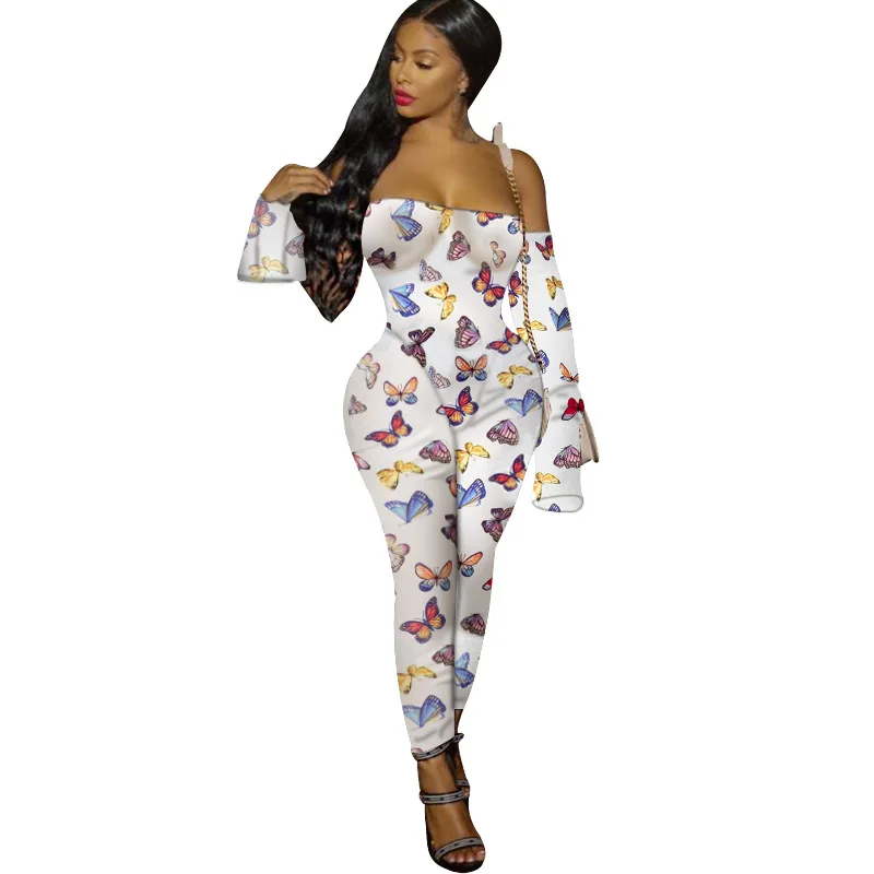 

Solid Color Long Sleeves Pattern Butterfly Print Off the Shoulder New Arrival Autumn Women Jumpsuit Sexy Style Model Rompers