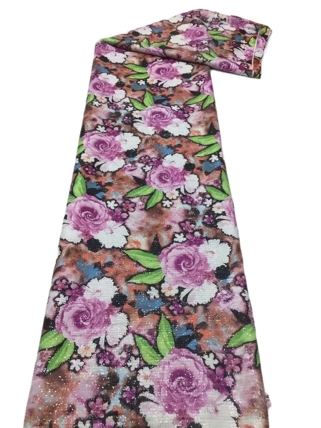 

Fashion Hot Popular Flowers Prints Net with Full Sequins Big Wedding Party Dress Material in Fushia Pink and Green Tulle T088