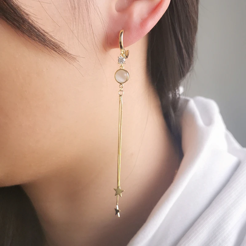 

925 Sterling Silver Ear Buckle Star Crystal Tassel Pendant Popular Female Hoop Earrings Fashion Jewelry Bohemian Style