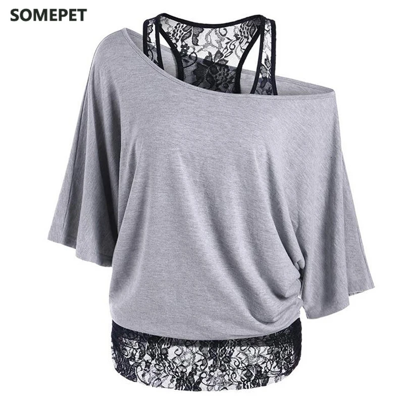 

Plus Size 5Xl Tees New Arrival Summer Women Loose Slash Neck Short Sleeve T Shirt Lace Patchwork Sexy Basic Tops