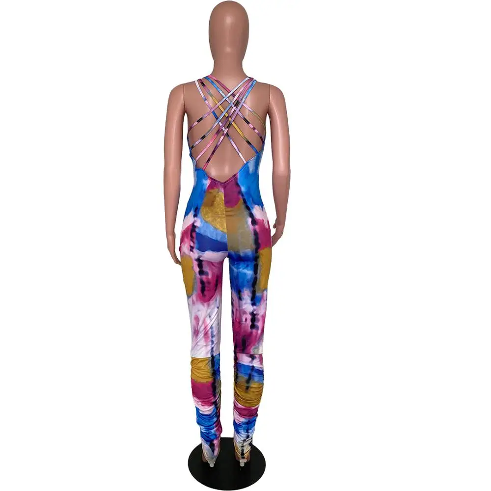 

2020 new sexy printed nightclub Jumpsuit fashion slim U-neck sleeveless suspender vest pants