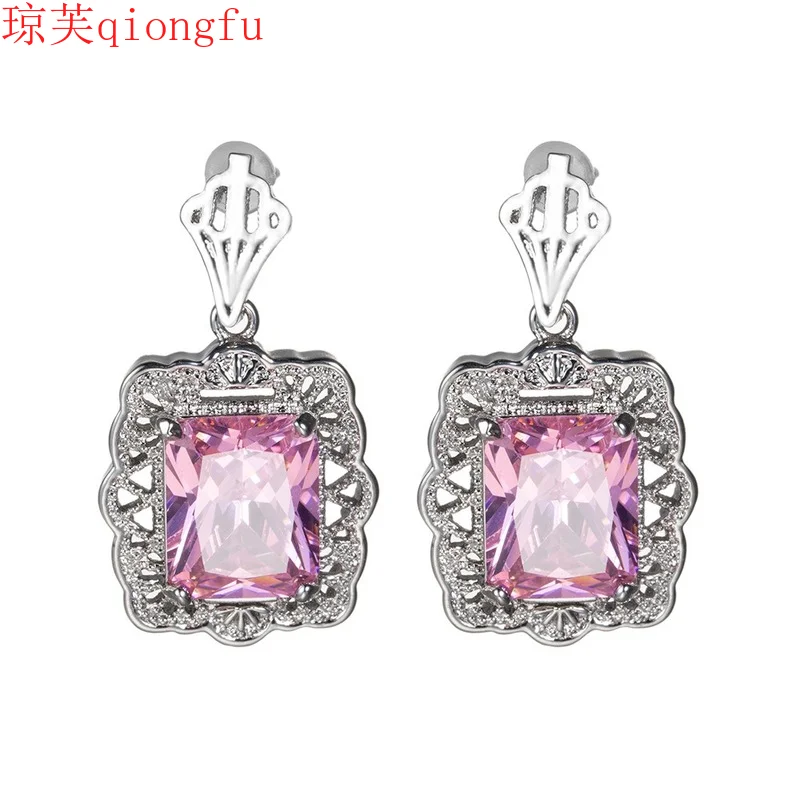

Silver Plated S925 Cute Fashion Earrings Dangle Pink Earrings High-end Crystal Zircon Exaggerated Earrings Female Earrings