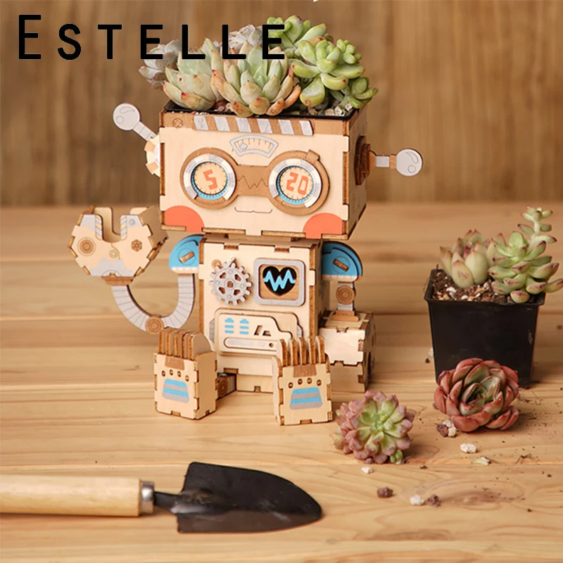 3D Деревянный робот игра головоломка Креативный цветочный горшок коробка для