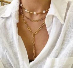 

Docona Vintage Pearl Beaded Clavicle Chain for Women Charming Gold Geometry Hollow Alloy Metal Necklace Female Jewelry 16351