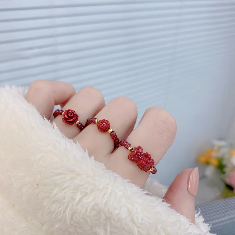 

YDL Korean Luxury Elastic Ring Exquisite Natural Garnet Carved Rose Flower Ring for Women Wedding Glamour Engagement Gift