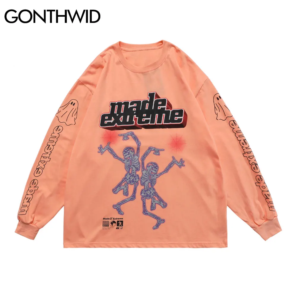 

GONTHWID Tees Shirts Streetwear Hip Hop Dance Skeleton Skulls Punk Rock Gothic Tshirts Hipster Harajuku Casual Long Sleeve Tops