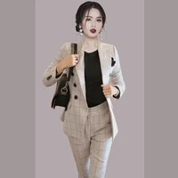 2 piece set women suit grid double breasted blazer and trousers elegant high fashion chic officewoman blazer outfits pants suits