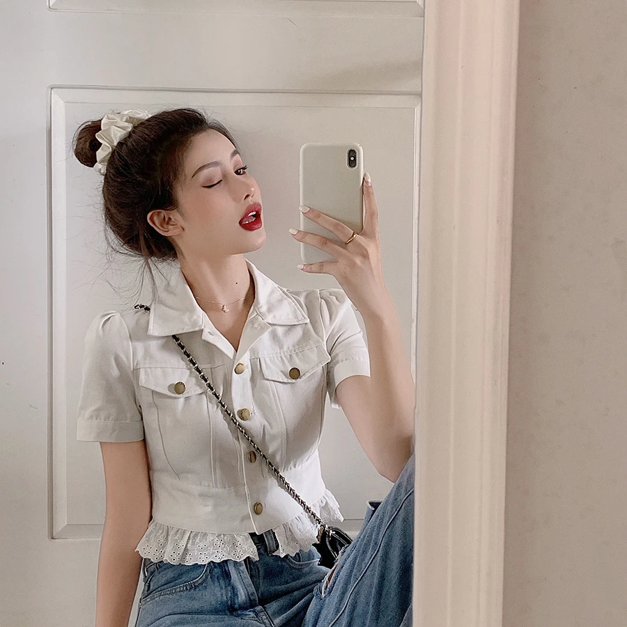 

Women Korean Clothes Blouses White Shirts Crop Top Lace Up Crop Top Ladies Tops Fashion Brand Turn-down Collar Summer