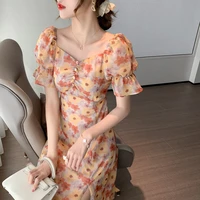 womens dresses 2020 summer korean designer v neck floral print ruffled puff sleeve sexy slit long chiffon dress jurkjes zomer