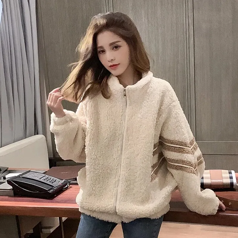 

Women Plus Fleece Hoodies Red Lamb Coat Autumn Streetwear Zip-up Oversize Cashmere Thickened Loose Sweatshirt Jacket Outwear