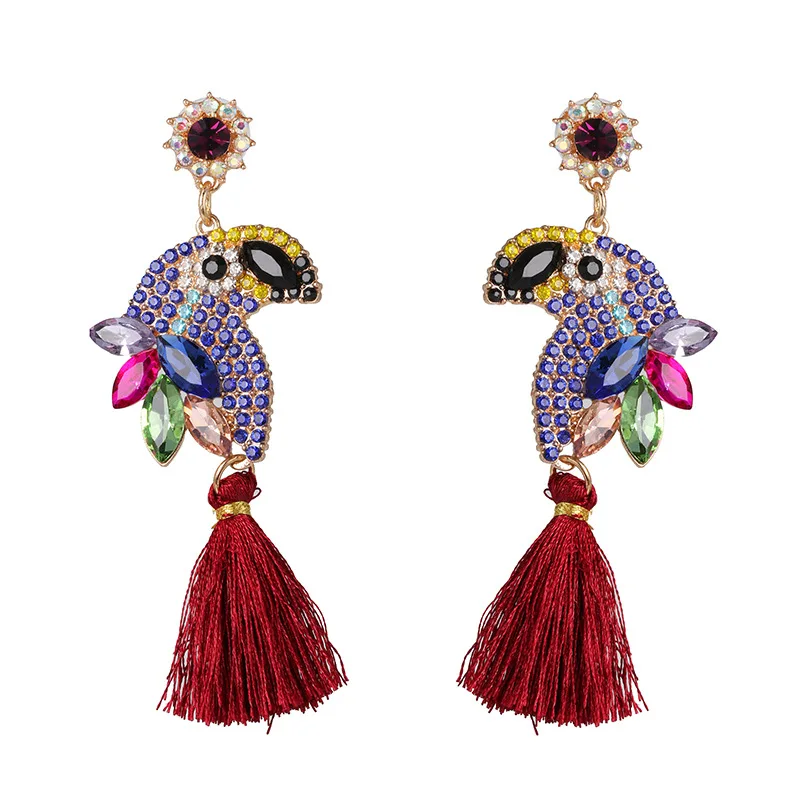2020 ZA Luxury Rhinestone Parrot Drop Earring Women Fashion Long Tassel Earrings Jewelry Female Animal Bird Large Girls | Украшения и