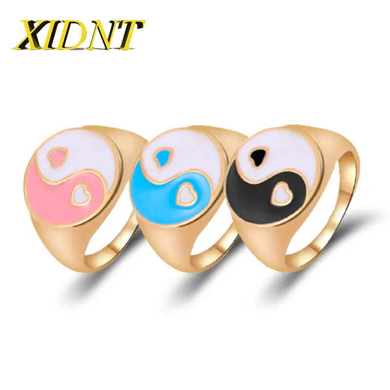 

XIDNT 2020 Gold Color Metal Rings Korean Cute Enamel Daisy Tulip Heart Yin and Yang Rings Wonderful Choice for Women Jewelry