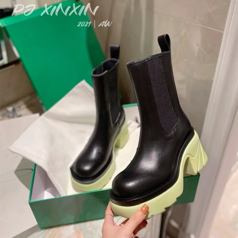

Fashion Women Thick Bottom Heels Boots Genuine Leather Designer Boots For Women Luxury Brand Women Shoes Solid Color Boots