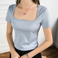 women soft cotton t shirt square collar solid color lady tees short sleeve summer womens clothings all match female t shirts