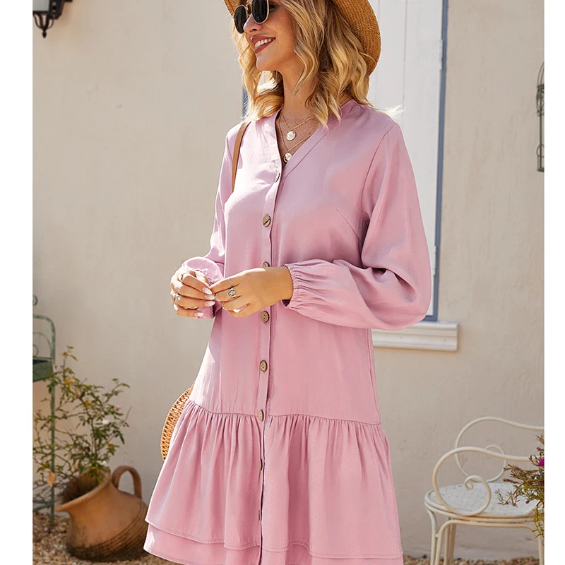 

2020 Autumn New Style Solid Color Elegant Slim Cake Dress V Neck Button Mid Length Full Sleeve Dress T0070A