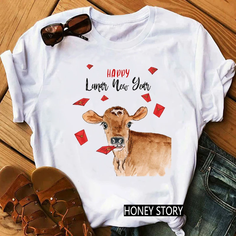 

Girl Funny Tshirt Year Of The Ox 2021 Happy Chinese New Year T Shirt Women White Top Fmeale Friends Gift Graphic Tees Streetwear