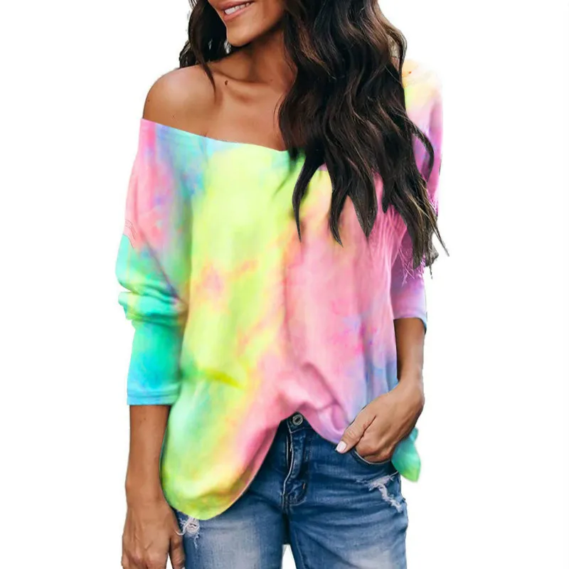 

2020 Popular European and American Women's Pure Cotton Printing Splicing Tie Dye Long Sleeve V-neck Loose Casual Sweet T-shirt