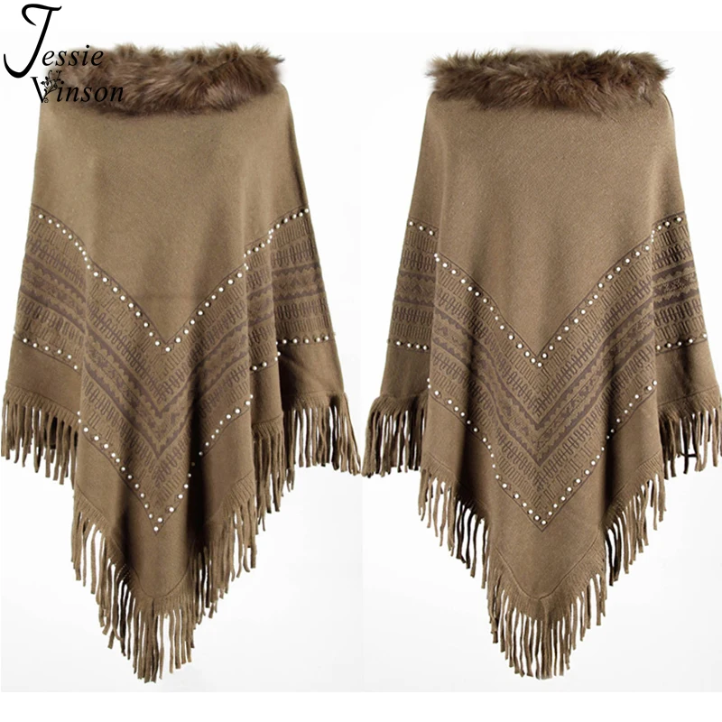 Jessie Vinson Warm Fur Collar Tassels Beading Pullover Sweater Women Winter Elegant Cape Autumn Knitted Cloak Knitwear | Женская одежда