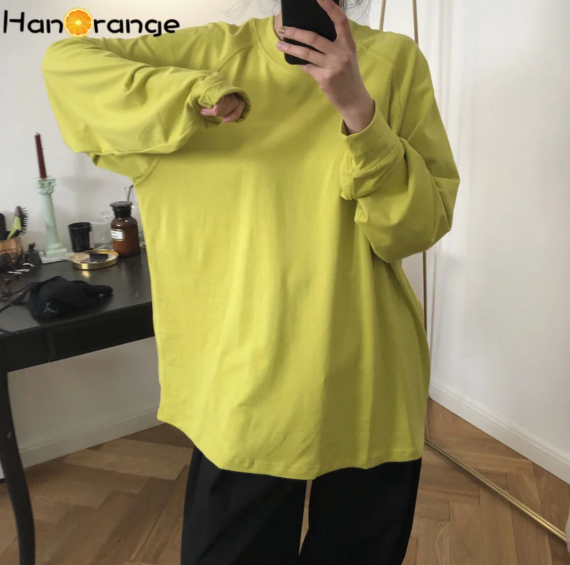 

HanOrange футболки из чистого хлопка, Женская Весенняя шикарная простая футболка с круглым вырезом, свободный джемпер, топ с длинными рукавами