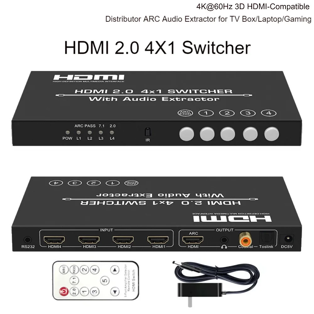 

USB2.0 коммутатор 4 в 1 выход HD 4K @ 60 Гц 3D HDMI-совместимый дистрибьютор ARC аудио экстрактор для ТВ приставки/ноутбука/игр