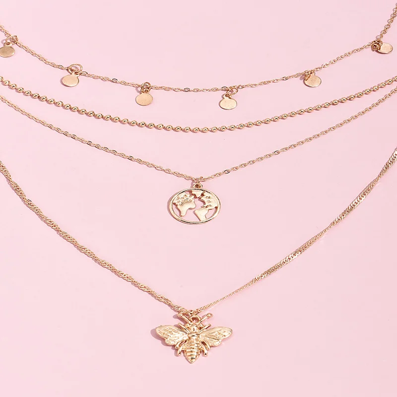 Многослойная золотая цепочка с подвеской в виде карты и пчелы|Ожерелья