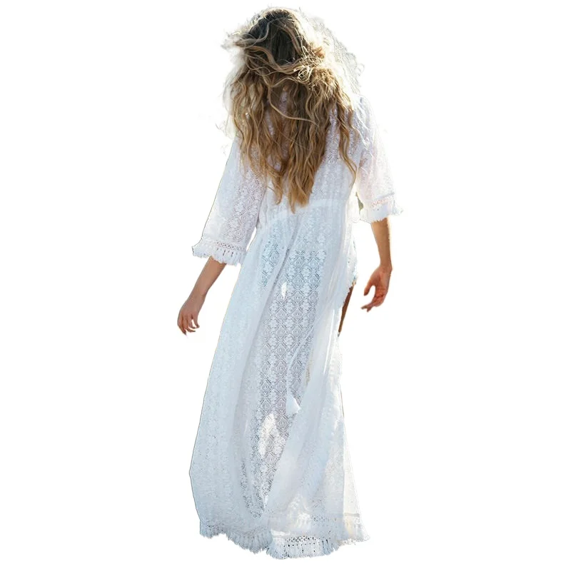 

Lace Fringed Side Sexy White Beach Cardigan Women Bikini Swimsuit Cover Up Summer Elegant Sun Protection Outwear Robe