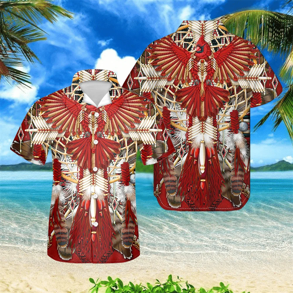 

Native Tribal with Hummingbird Printed Men's Beach Aloha Shirt Short Sleeve Cuban Blouse Clothes Camisa Social Chemise Homme 6XL